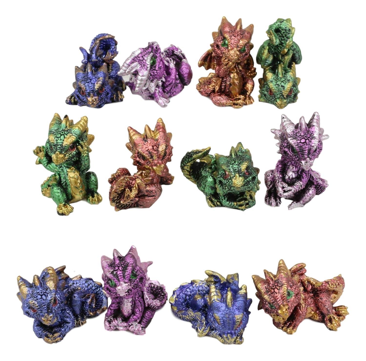 Ebros Set of 12 Colorful Red Green Purple Blue Baby Dragons Miniature Figurine
