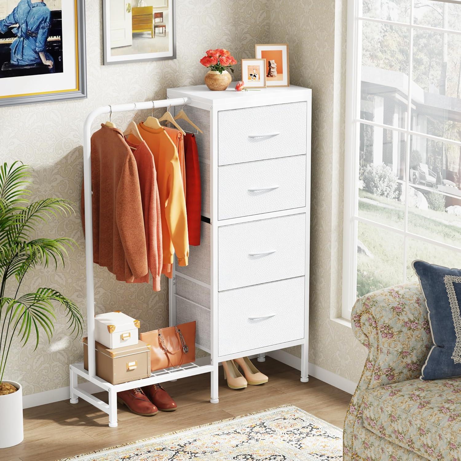 Dresser with Hanging Rack, 4 Drawers Small Closet for Bedroom, Reversible Fabric Chest of Drawers with Clothes Rack, Tall Storage Tower, Sturdy Frame, White, 44''H