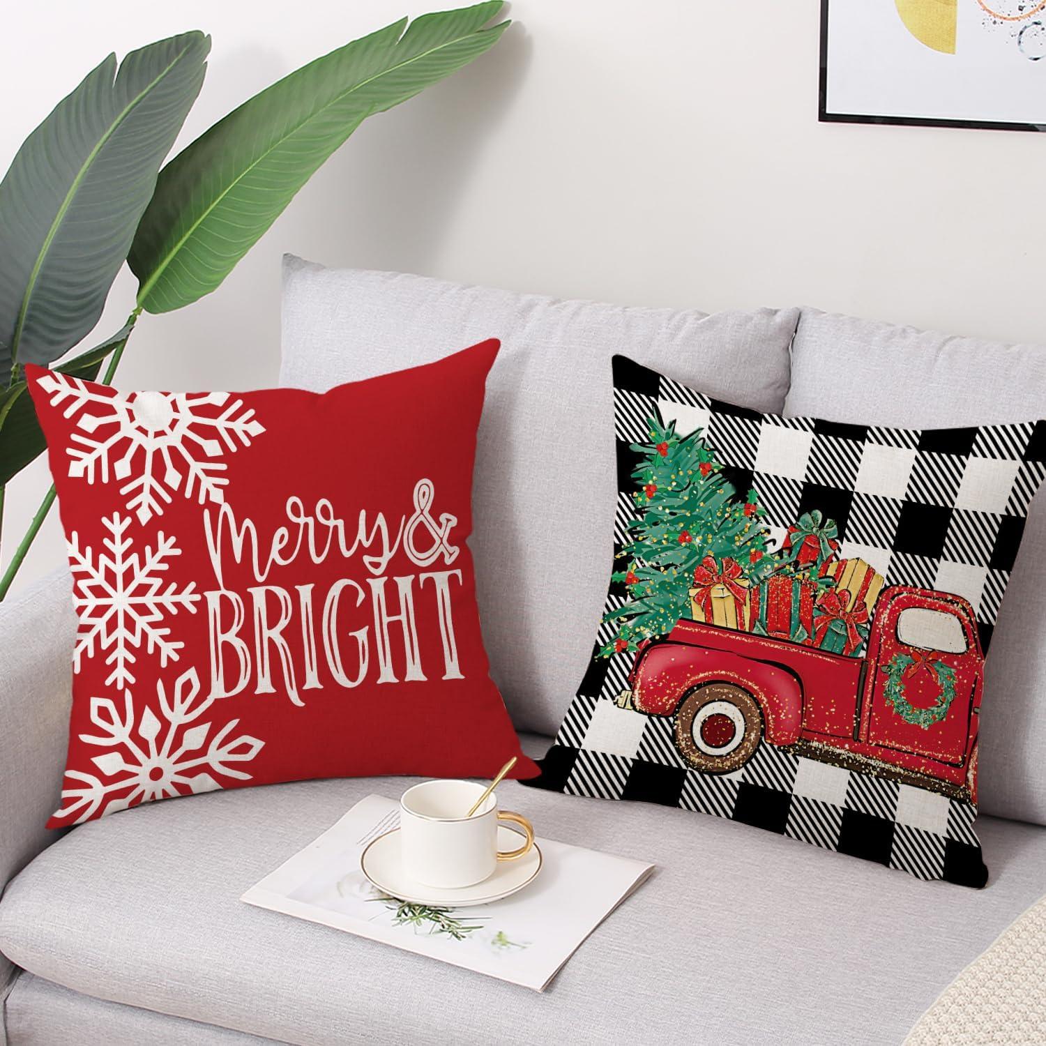 BEAUTY Merry Christmas Throw Pillow Covers 18 x 18 Inch Set of 4  Red Barn Merry & Bright Xmas Farmhouse Holiday Pillowcases for Home Outdoor Decoration CP053-18