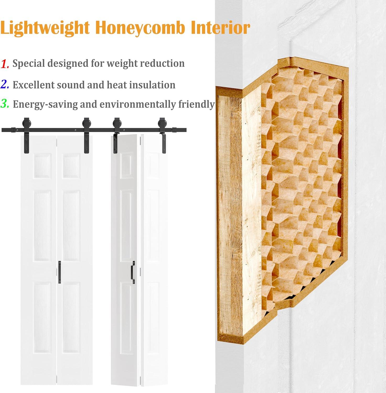 48"（24" x2） x 84" Bi-Folding Barn Door, 6-Panel with Sliding Hardware Kit Set, Pre-drilled Closet Door Slab, 4.3FT Track for 4 Finished Doors, MDF, White