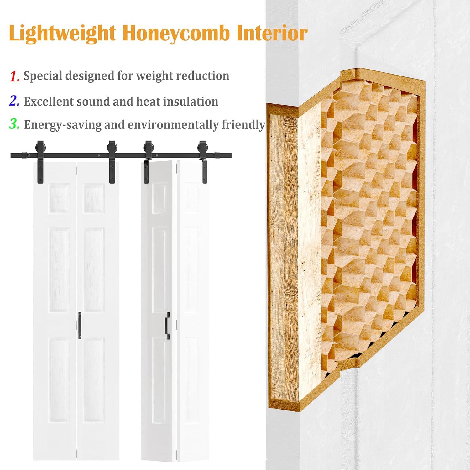 48"（24" x2） x 84" Bi-Folding Barn Door, 6-Panel with Sliding Hardware Kit Set, Pre-drilled Closet Door Slab, 4.3FT Track for 4 Finished Doors, MDF, White