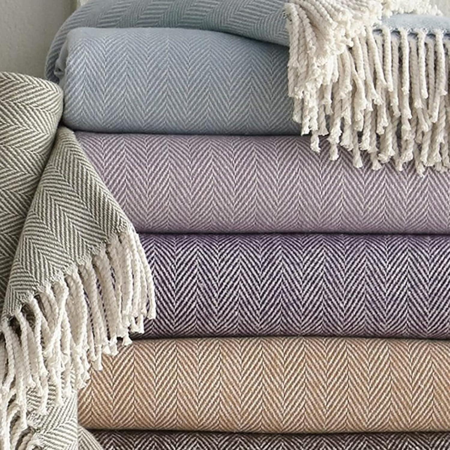 Portuguese Cotton Herringbone Throw Blanket with Fringe - 51"x71"