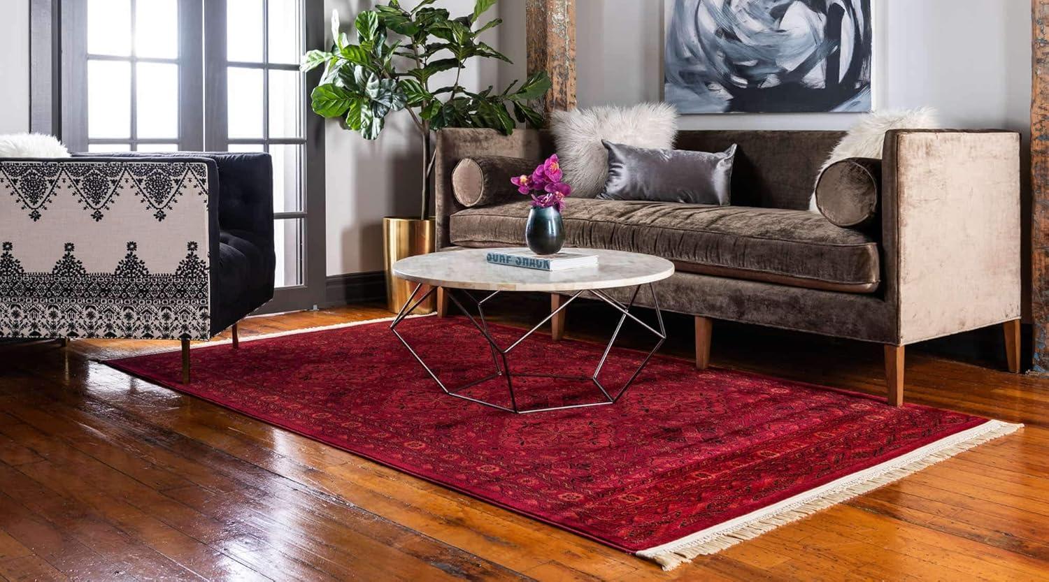 Red Rectangular 9' x 12' Synthetic Stain-Resistant Area Rug