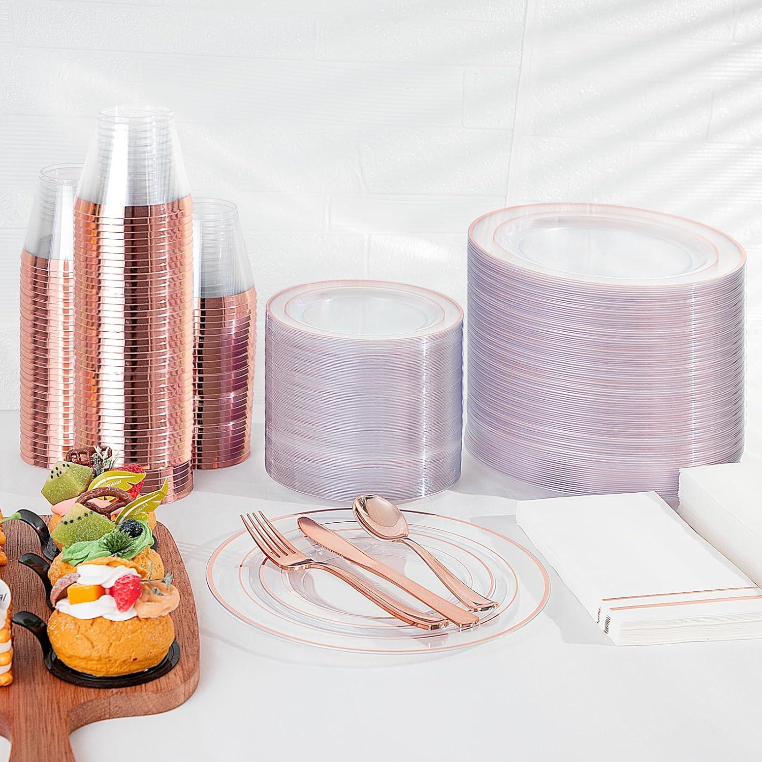 Rose Gold and Clear Plastic Dinnerware Set for 50 Guests