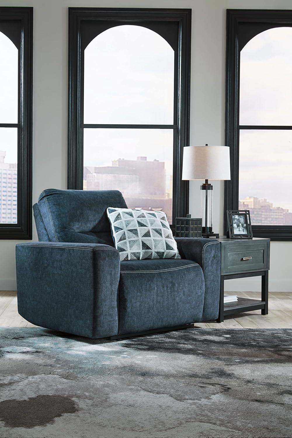 Contemporary Velvet Blue Oversized Recliner with Geometric Pillow