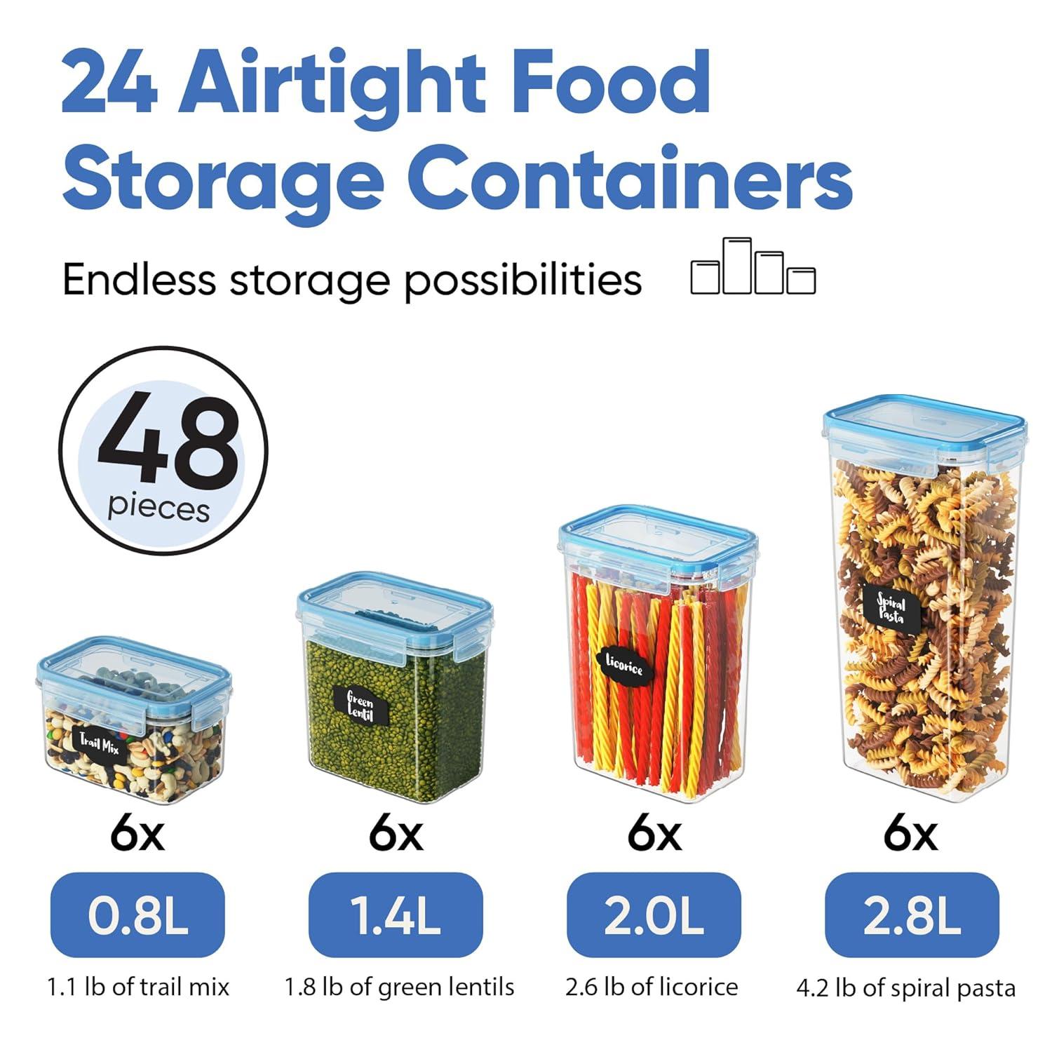 Chef's Path Airtight Food Containers with Lids (24 Pack - Blue) Kitchen Pantry Organization - BPA Free Food Storage Organizers for Cereal, Brown Sugar, Dry food - With Marker, Labels & Spoons