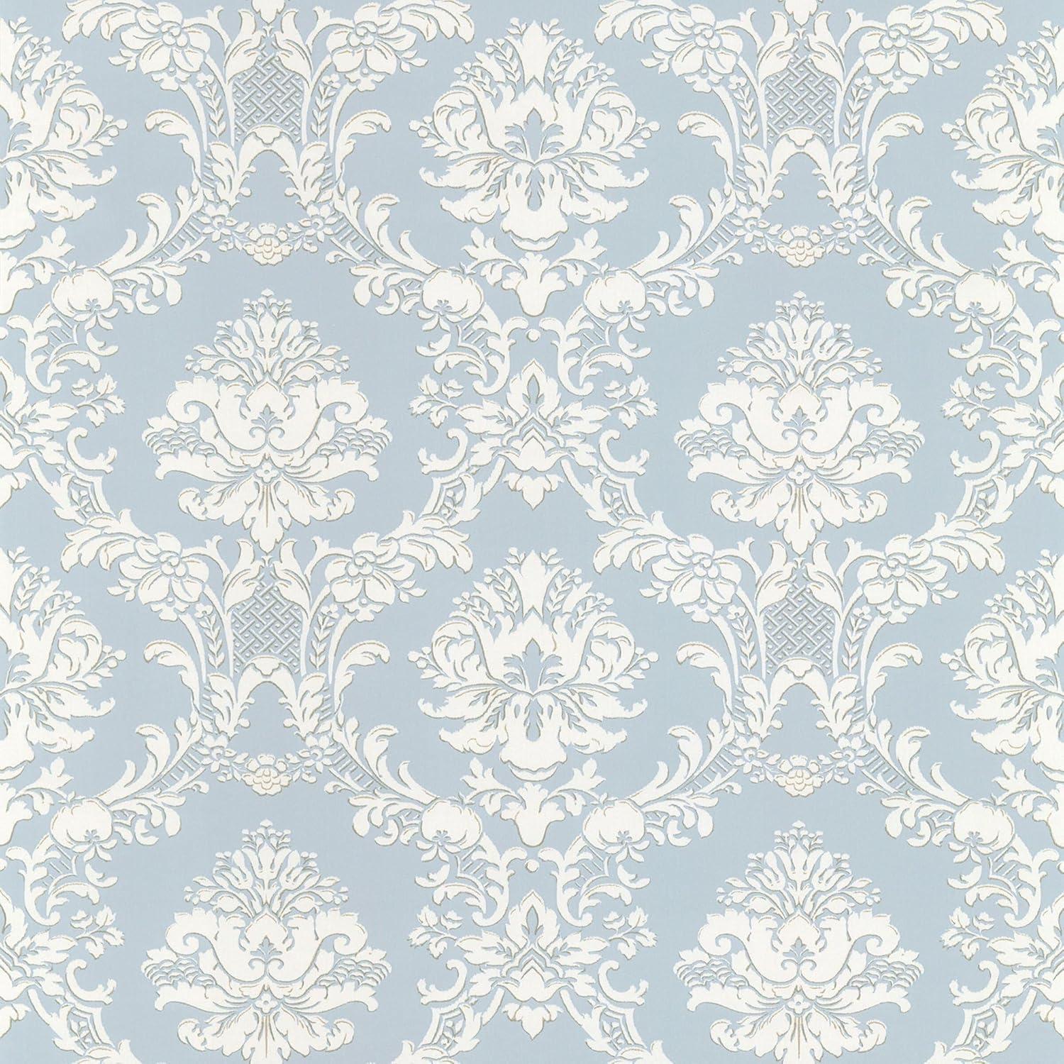 Light Blue and Pearl Damask Pre-pasted Vinyl Wallpaper