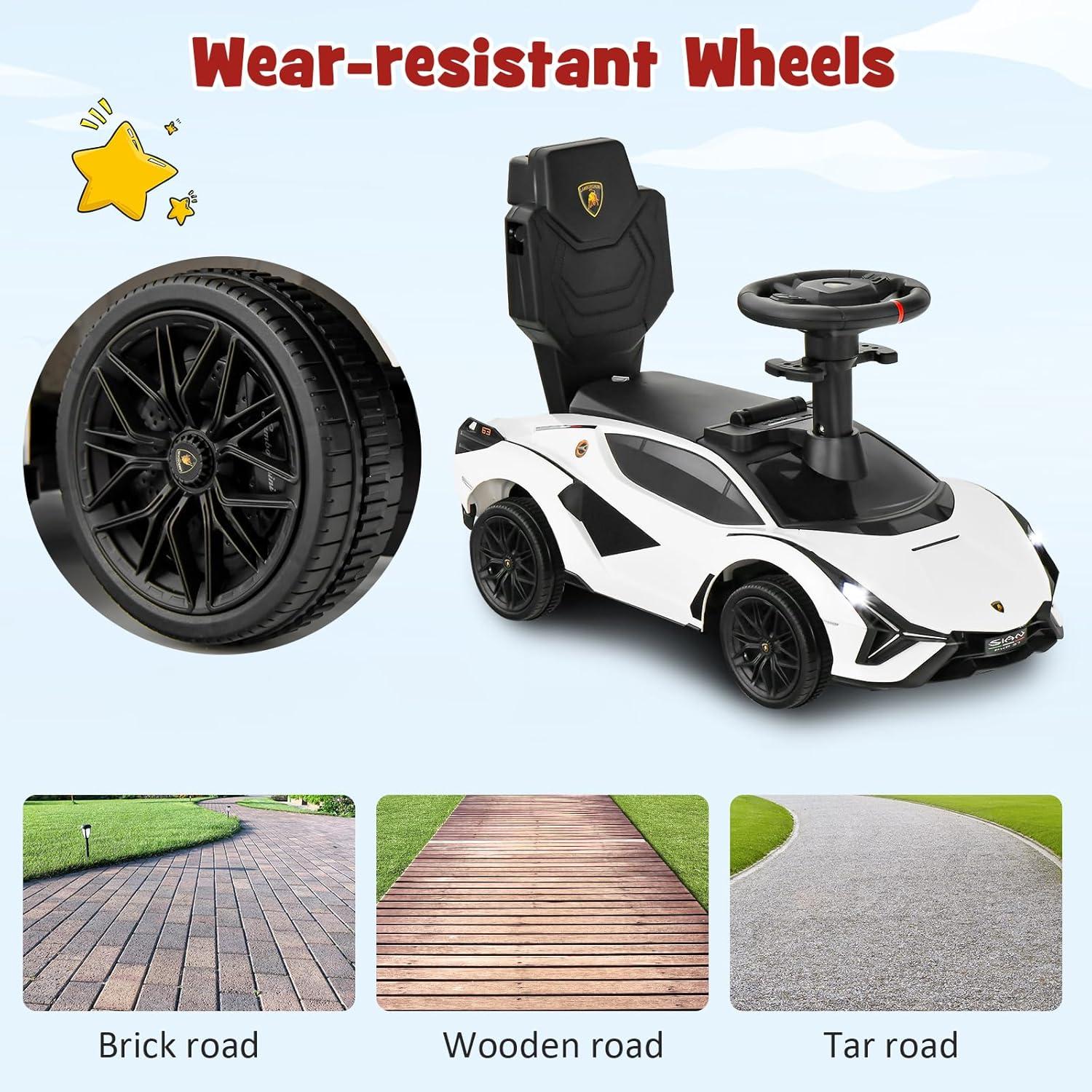 OLAKIDS 3 In 1 Ride on Push Car, Licensed Lamborghini Stroller Sliding Walking Car with Push Handle, Music, USB, Headlight, Under Seat Storage, Kids Foot-to-Floor Toy for 18-60 Months