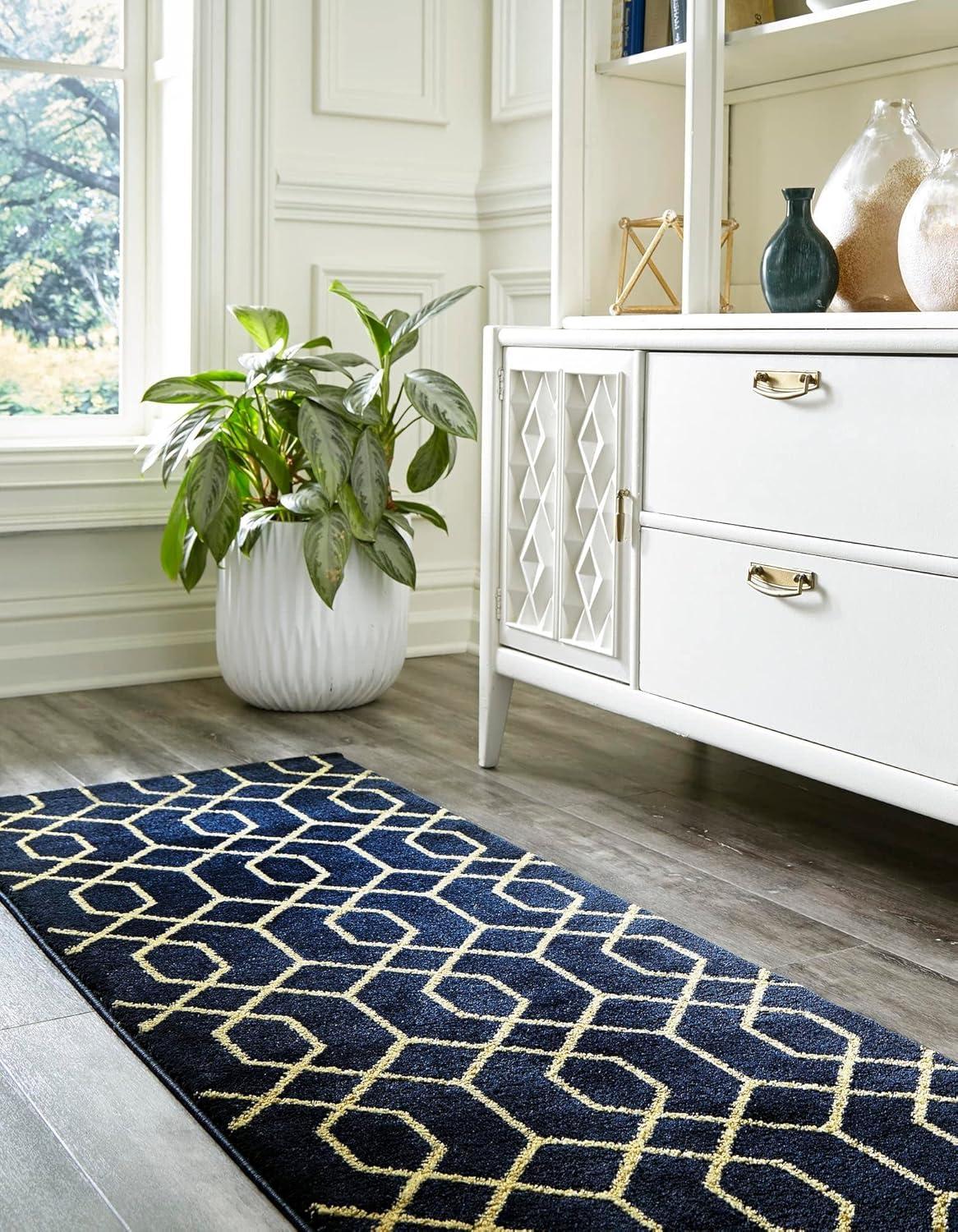 Regency Era Navy Blue & Gold Trellis Synthetic Runner Rug