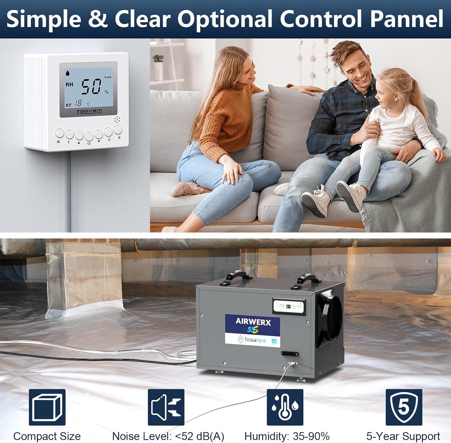 BaseAire AirWerx 55 Dehumidifier for Crawl Space Basement Commercial Dehumidifier with Continuous Drain Hose