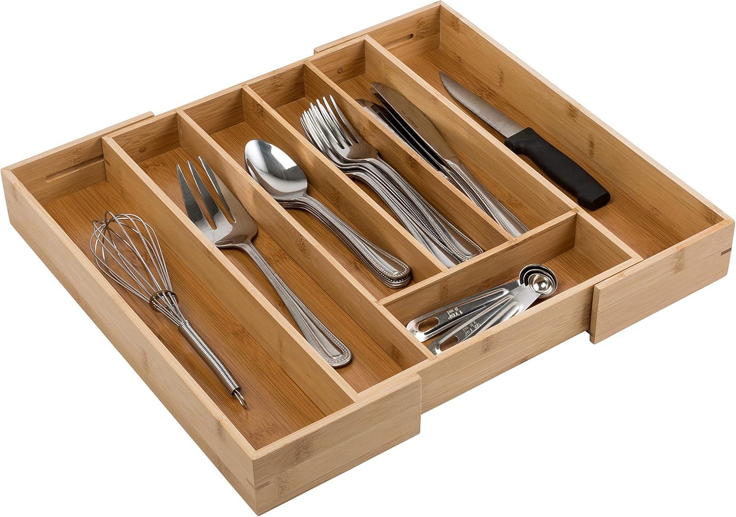 Natural Bamboo Expandable Silverware Drawer Organizer