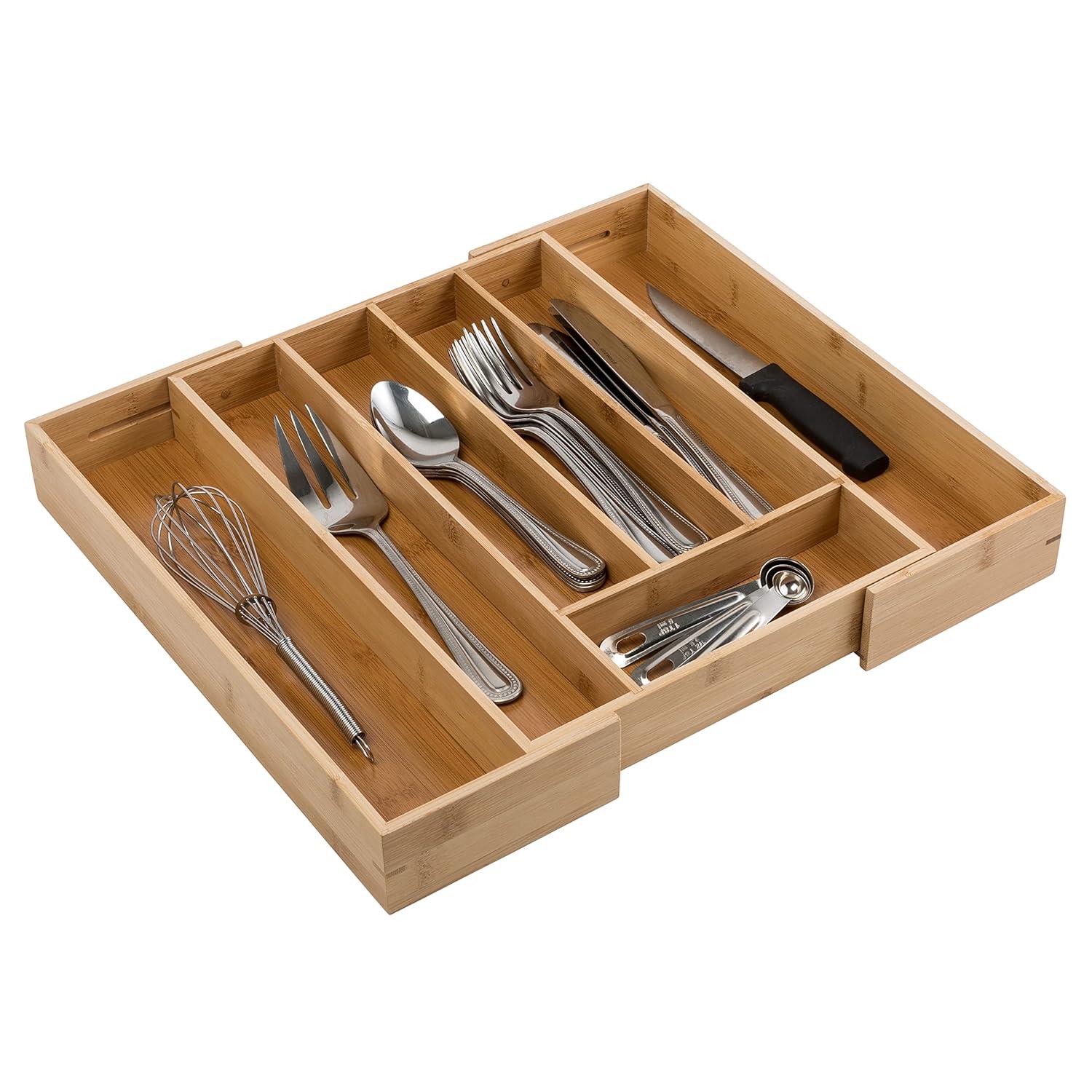 Honey-Can-Do Bamboo 10" x 14" x 2 Expandable 7-Compartment Silverware Drawer Organizer, Natural