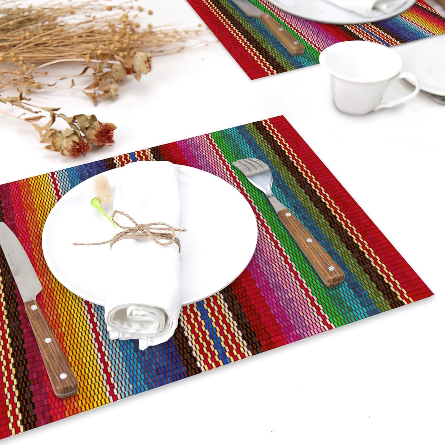Rainbow Colorful Stripe Mexican Placemats Set of 6,Ethnic Mexican,Waterproof Non-Slip Washable Table Mats Set for Kitchen Dining Holiday Party Wedding Decor 12x18 Inch