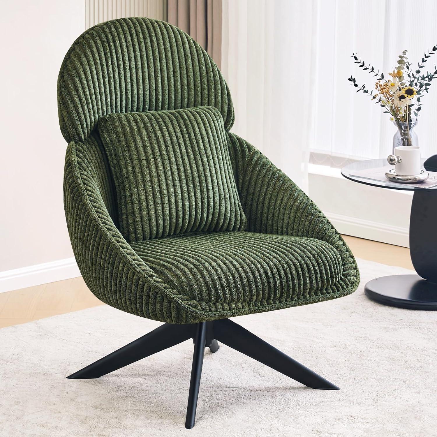 Furniliving Swivel Accent Chair with Pillow Corduroy Comfy Lounge Chair Lazy Chair for Living Room/Bedroom, Green