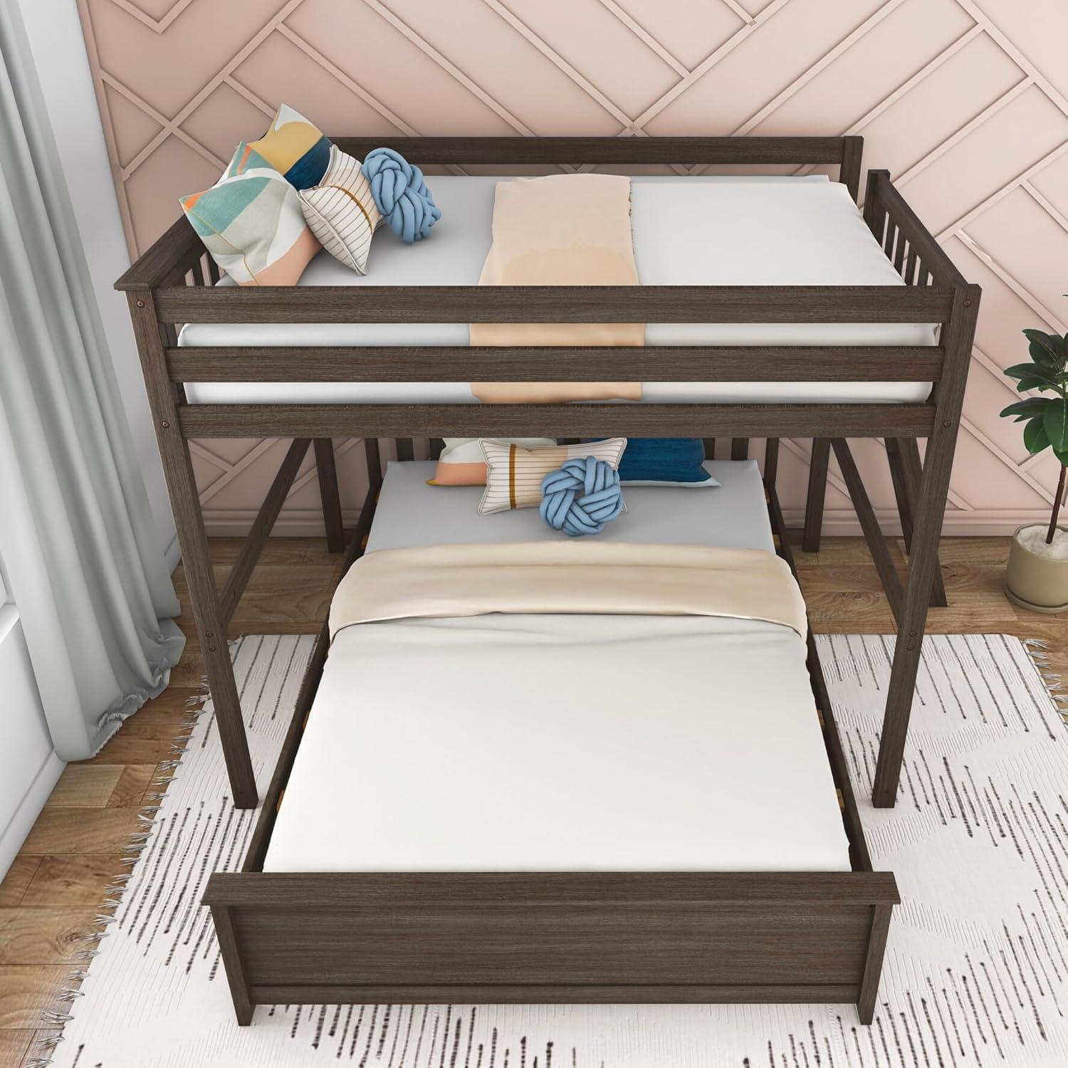 Max & Lily Bunk Bed, L Shaped Full-Over-Queen Bed Frame for Kids with Ladder on End, Solid Wood Bunk Bed for Kids, No Box Spring Needed, Pecan