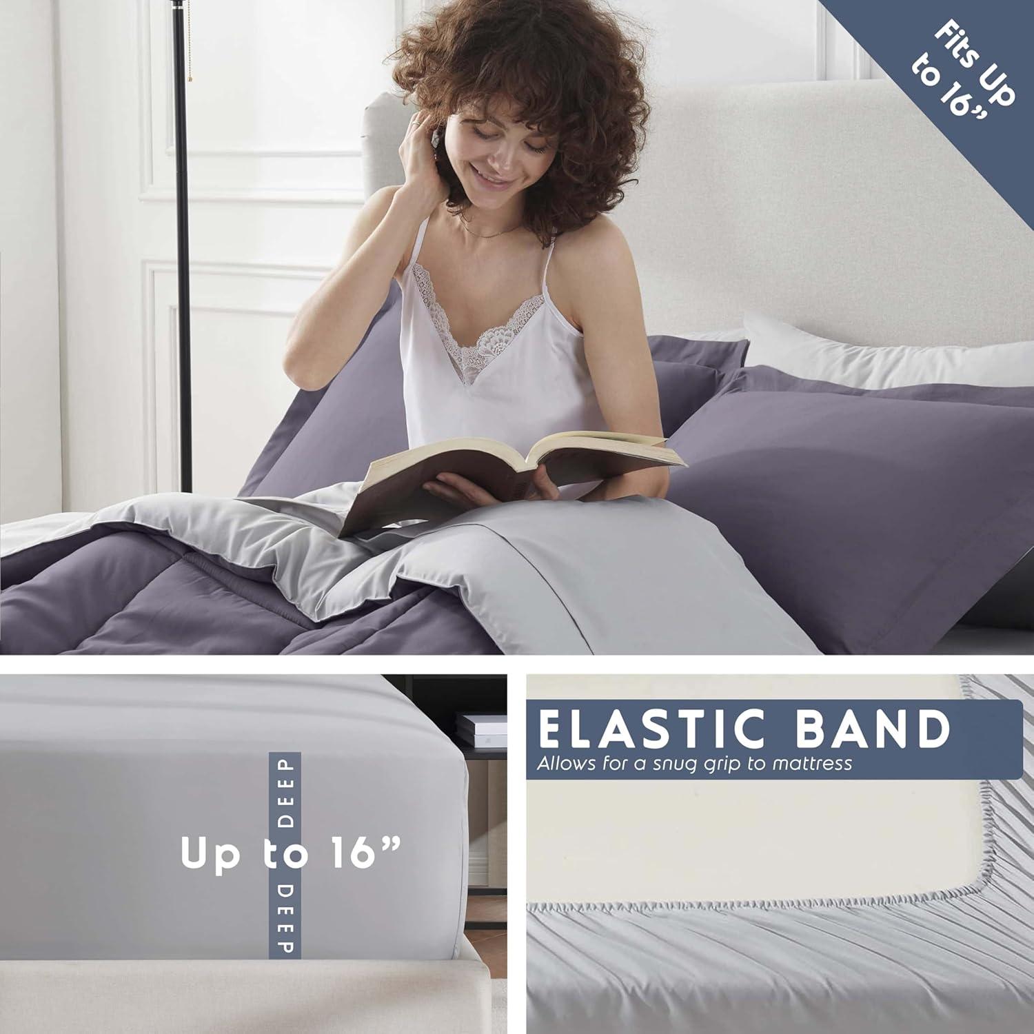 Nestl Bed in a Bag Reversible, 7 Piece Queen Size Bedding Set - Grayish Purple/Light Grey