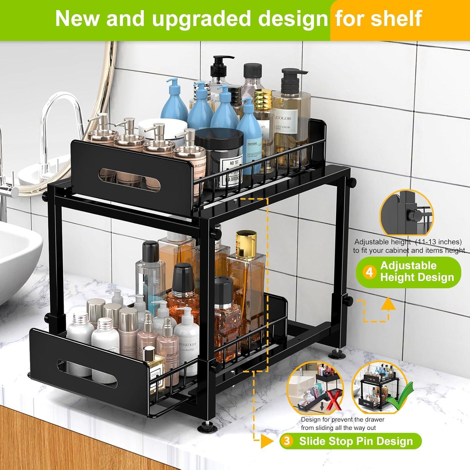 2 Pack Under Sink Organizer,Kitchen Organizers and Storage with sliding,2 Tier Pull Out Cabinet Organizer,Adjustable height Metal Rack for Kitchen Bathroom Storage Counter Organization