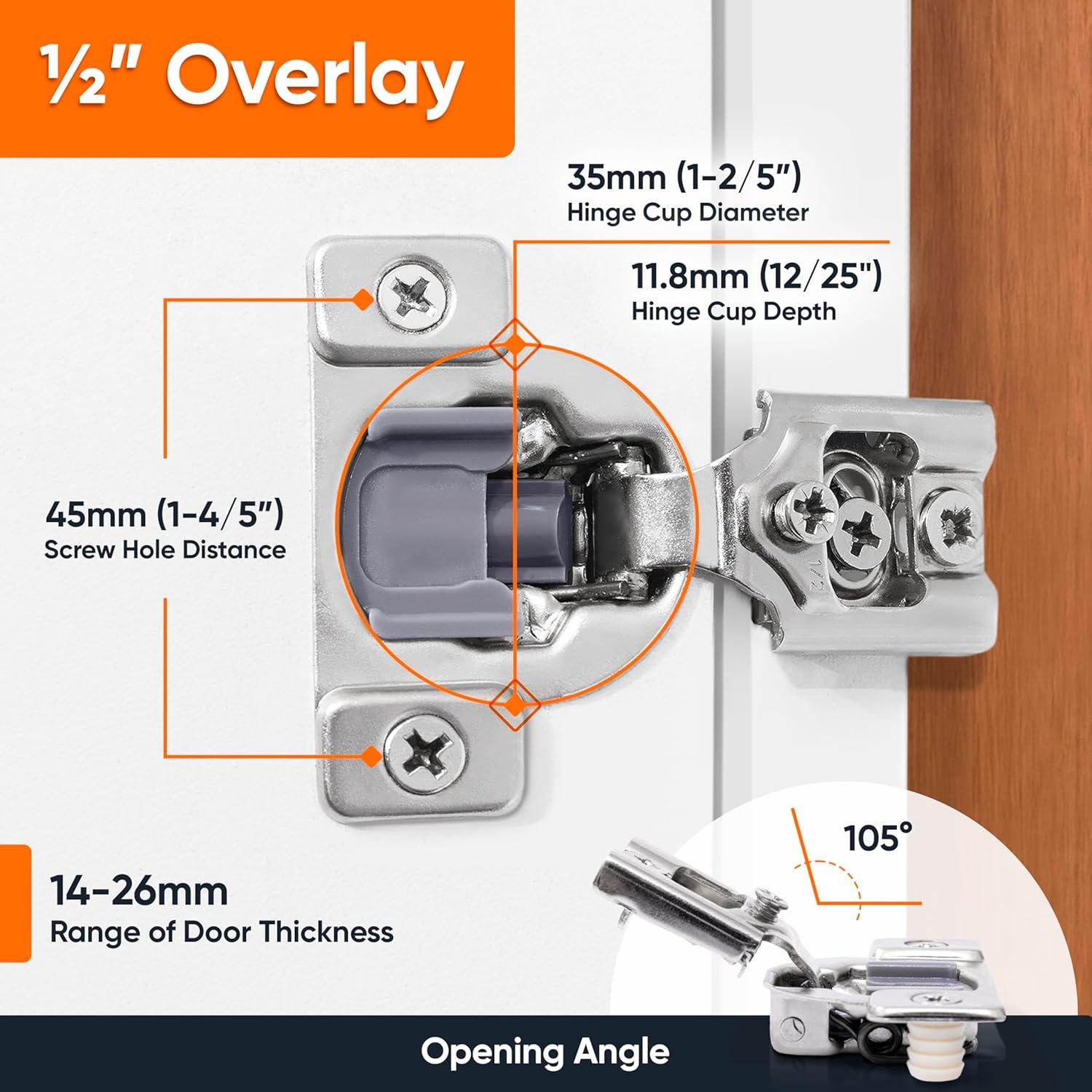 Decobasics 105 Degree 3 Way Adjustability 1/2" Overlay Hinge