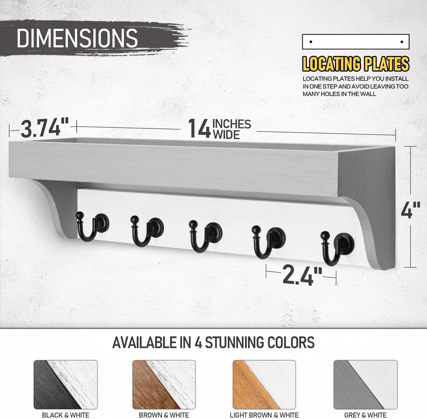 Rebee Vision Key Holder Wall Mount with Shelf - Key and Mail Organizer with 5 Hooks and Shelf (Gray&White, 14-inch)