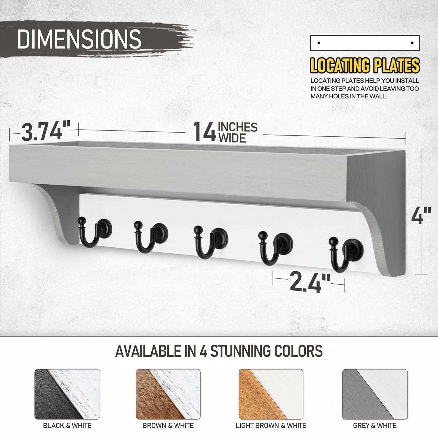 Rebee Vision Key Holder Wall Mount with Shelf - Key and Mail Organizer with 5 Hooks and Shelf (Gray&White, 14-inch)