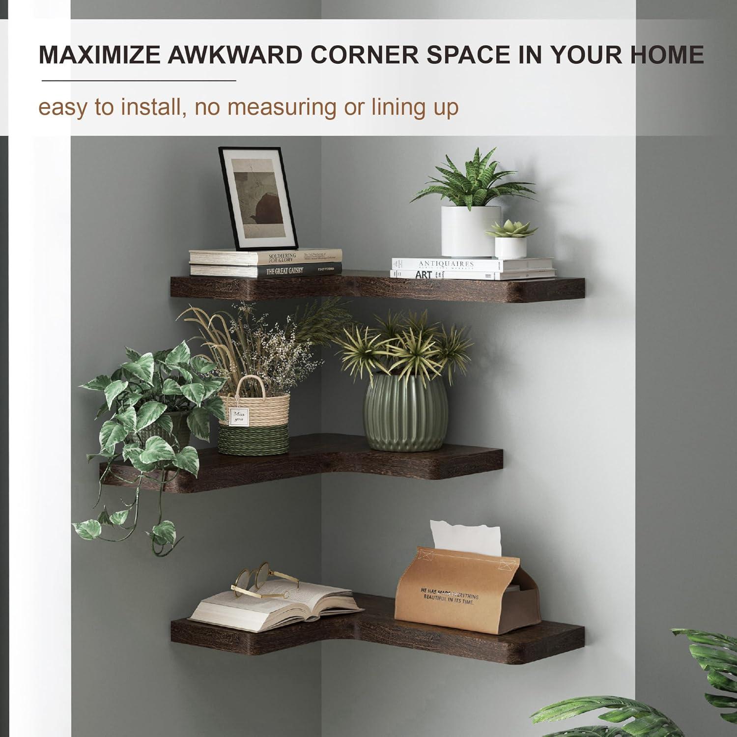 Homode Corner Floating Shelves, Corner Shelves Wall Mounted with Cord Hole, Set of 3 L Shape Wood Wall Storage Shelves for Living Room Bedroom Bathroom Kitchen, Rustic Brown