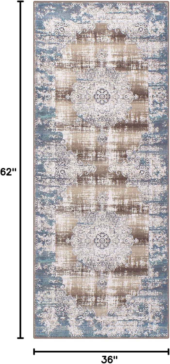 GLN Rugs Agean - Machine Washable Area Rug - 3'x5' Turkish Vintage Rug Blue