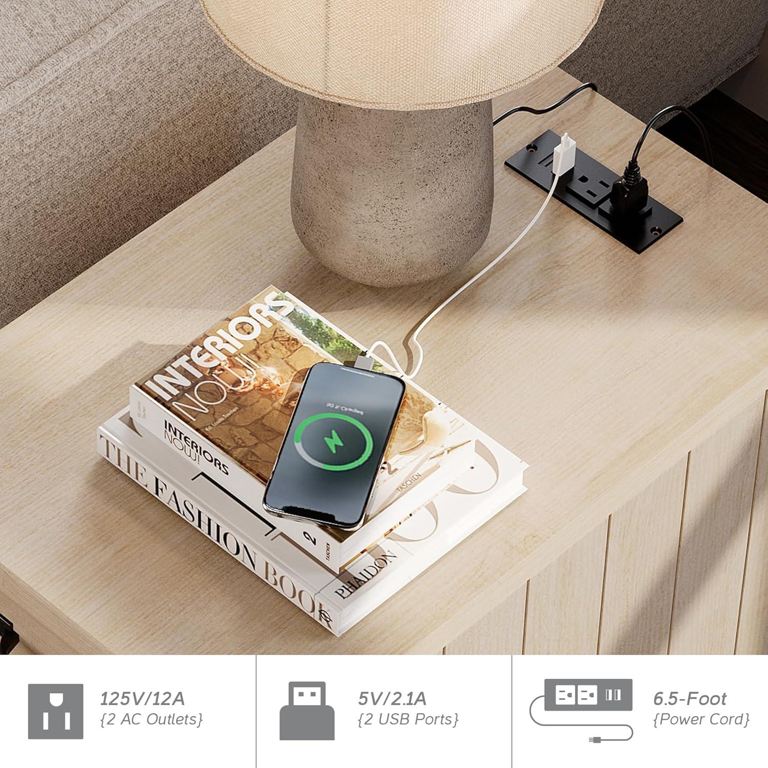 WAMPAT Beige End Table with Charging Station, Narrow Side Table with 1 Drawer &1 Storage Cabinet, Mid Century Modern Nightstand with Power Outlets & USB Ports for Living Room, Bedroom