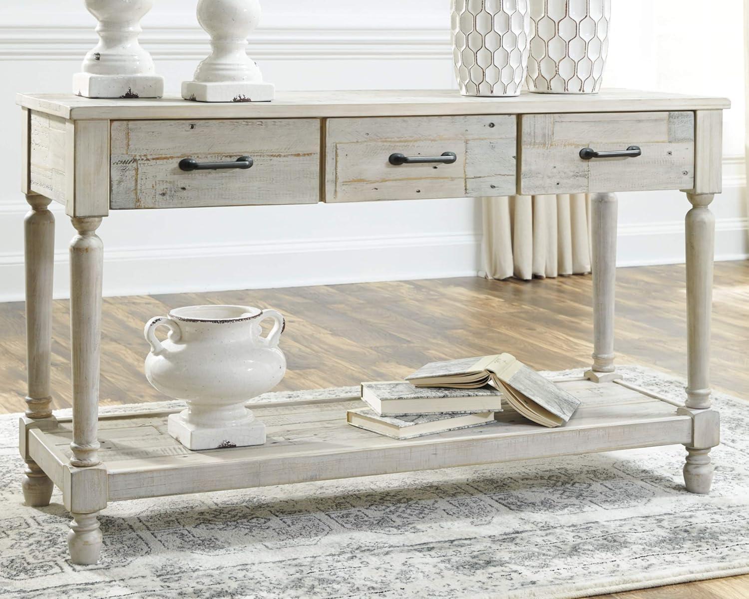 Whitewash Pine Wood Rectangular Console Table with Storage