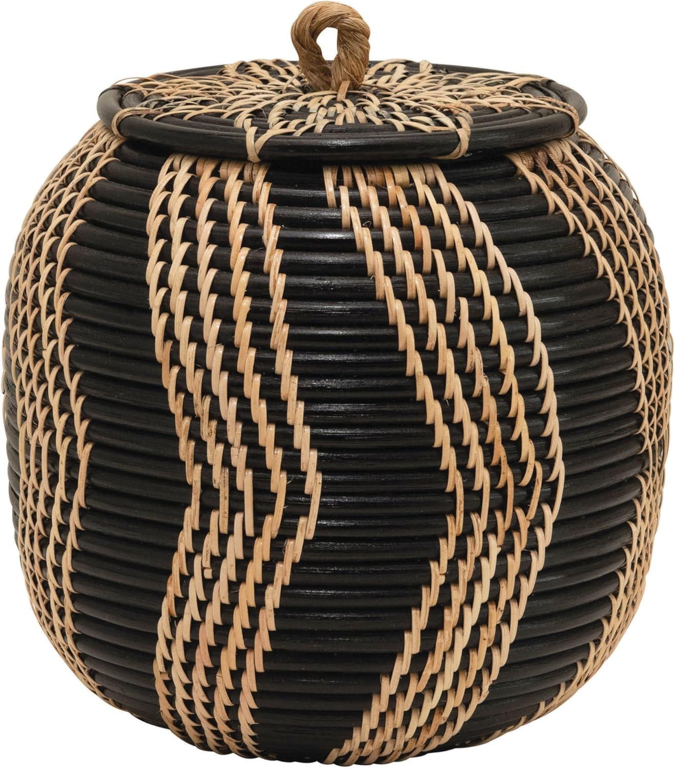 Bloomingville Decorative Handwoven Rattan Storage Basket Storage with Lid, Natural and Black