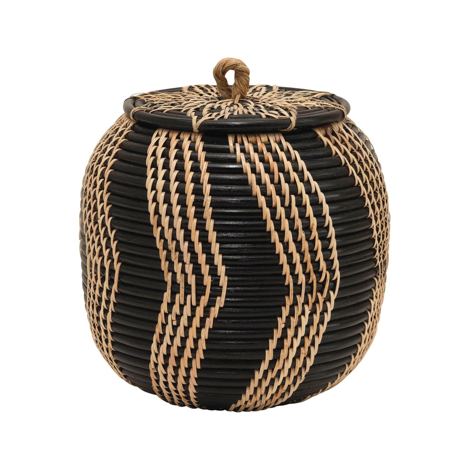 Bloomingville Decorative Handwoven Rattan Storage Basket Storage with Lid, Natural and Black