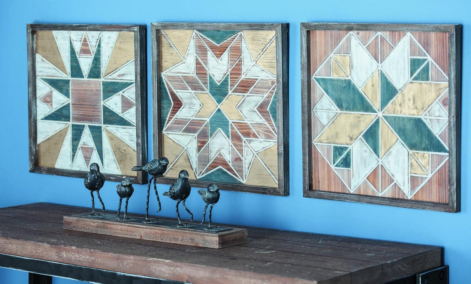 DecMode Farmhouse Distressed Rectangular Wood Wall Décor with Multi Colored Geometric Pattern, 46"W x 23"H
