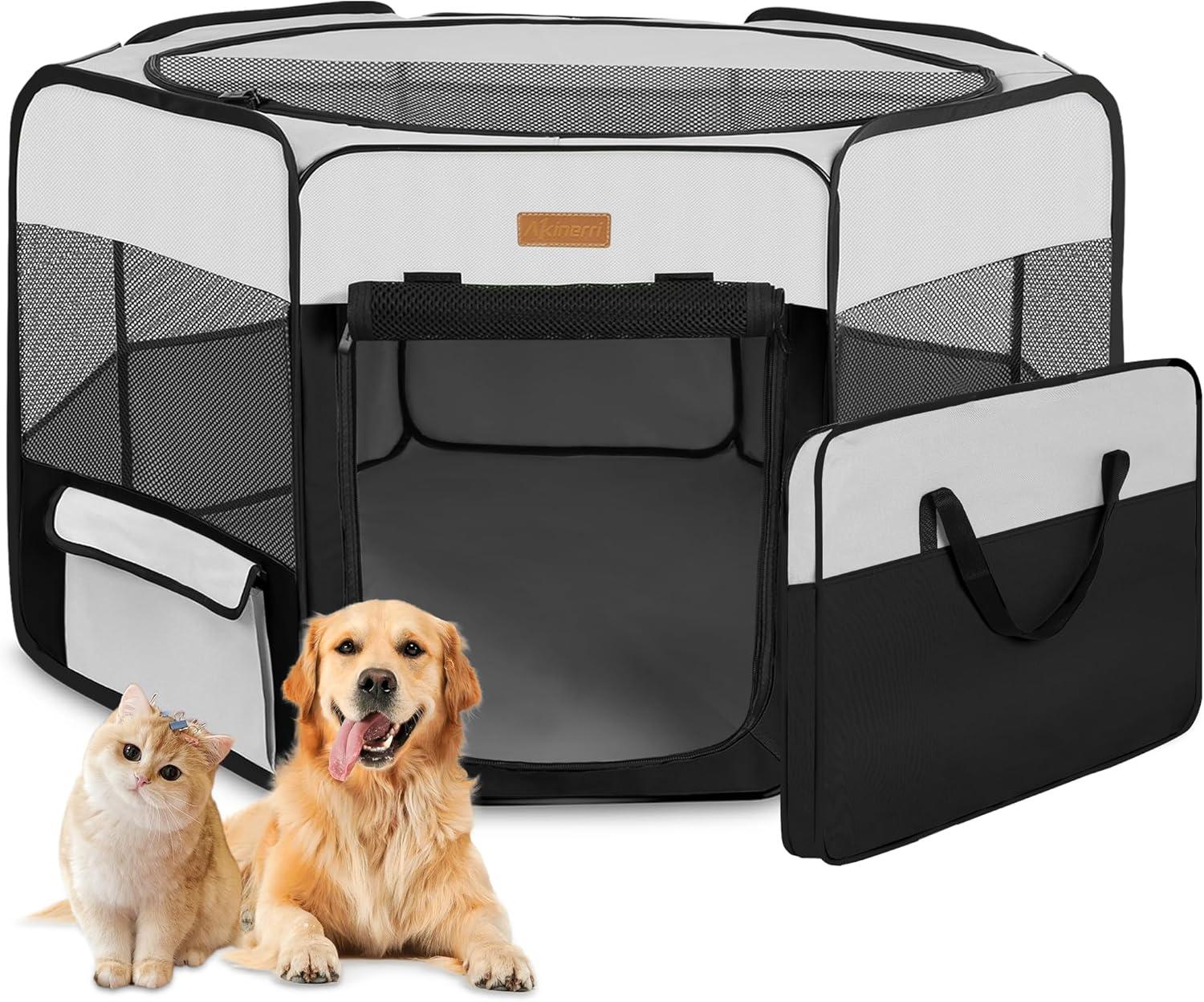 Portable Black and Gray Mesh Pet Playpen with Carry Bag