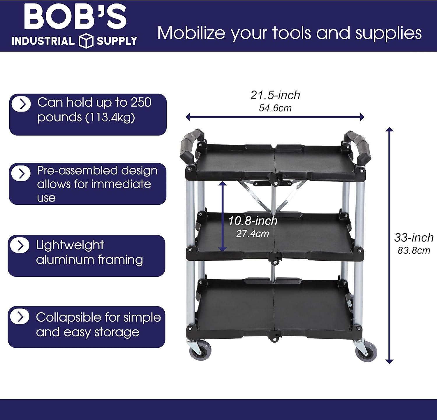 BISupply Rolling Cart - Collapsible 3 Tier Cart for Restaurant and Office