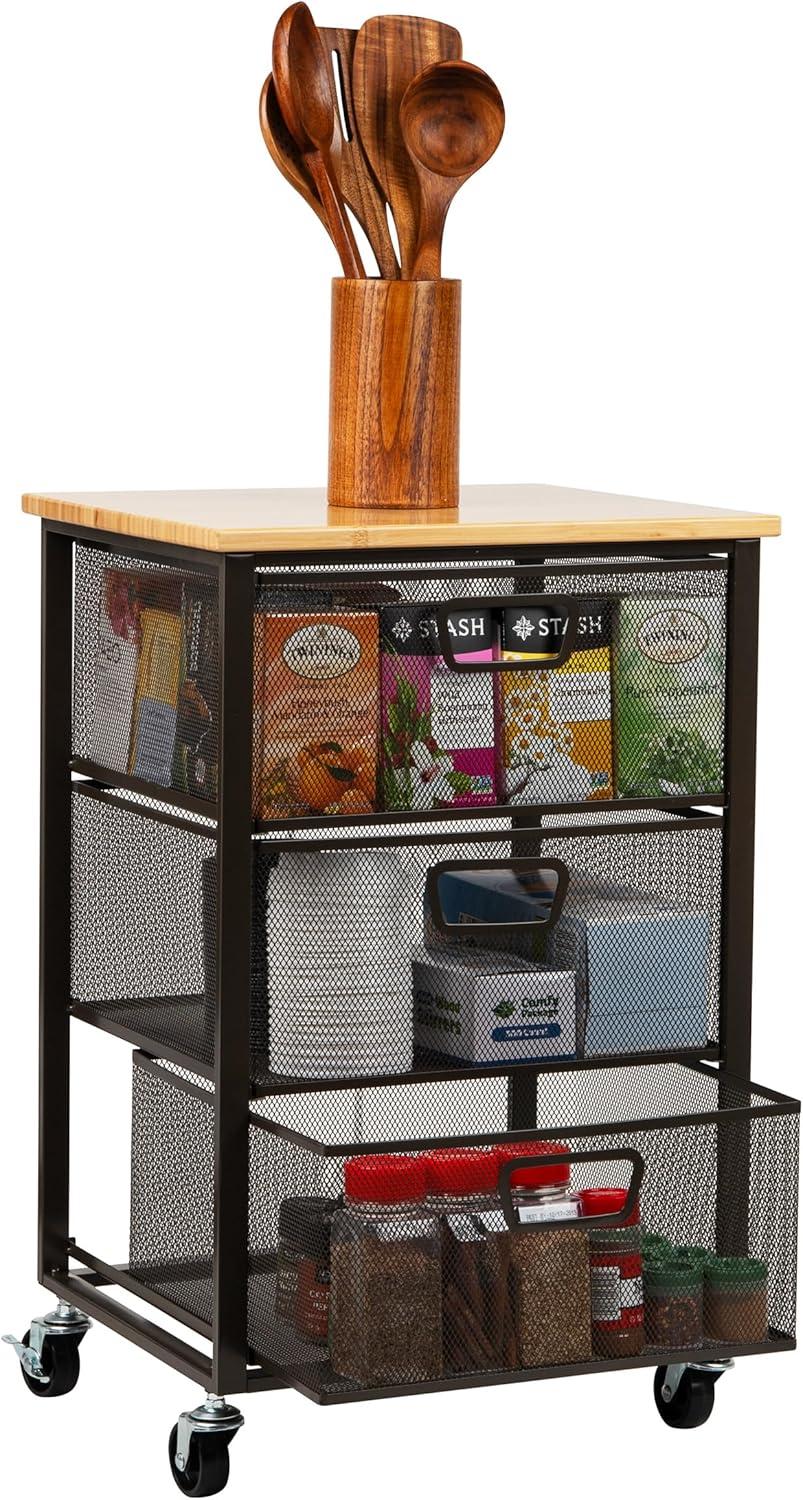 Mind Reader Cart with Drawers, Laundry Organizer, Storage, Bathroom, Kitchen, Metal Mesh, 15.75"L x 13"W x 24.25"H, Black