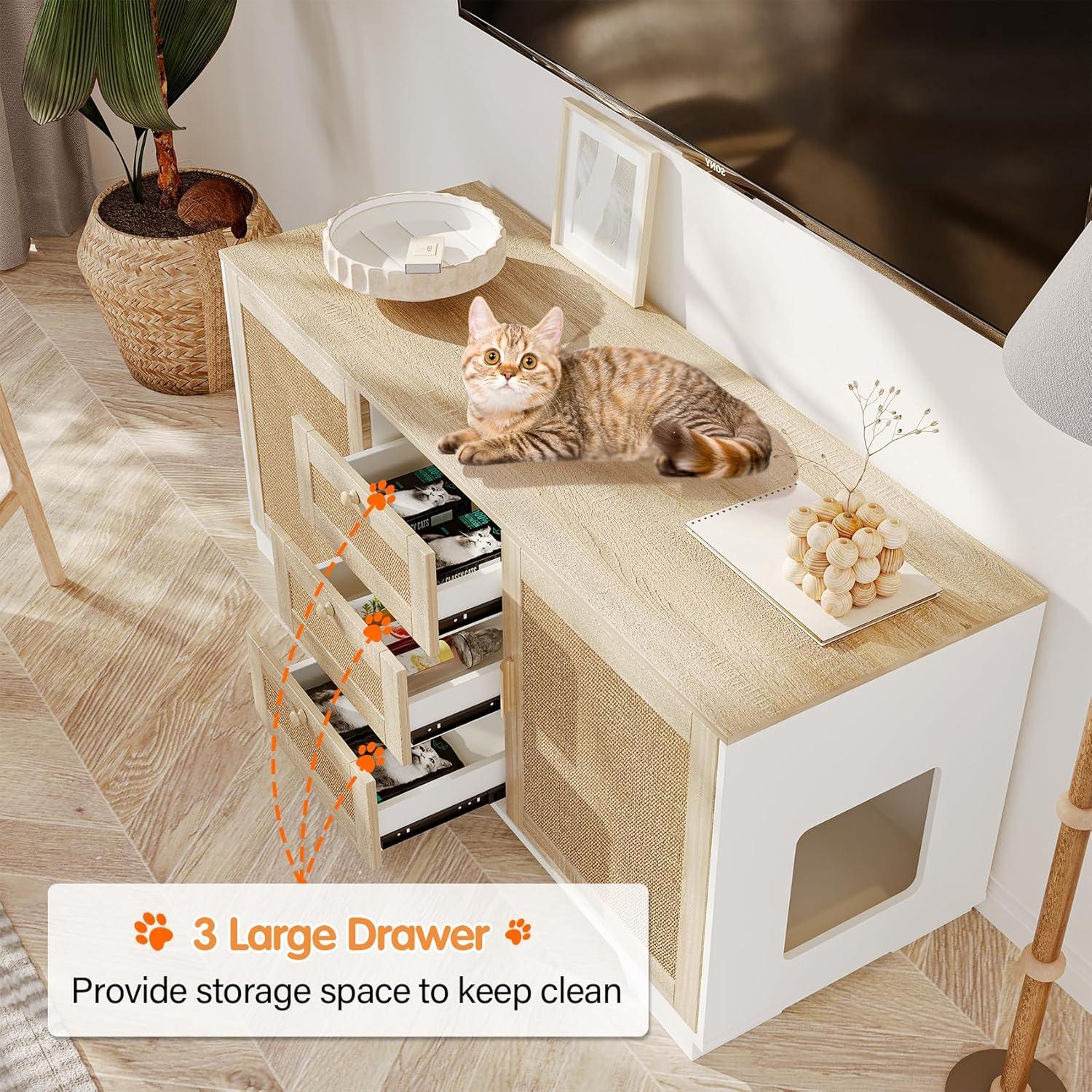 Tucker Murphy Pet™ Cat Litter Box Enclosure Indoor Wood Cat Furniture Cabinet With Scratching Pad Doors And 3 Drawer, 55”X20”X24”H