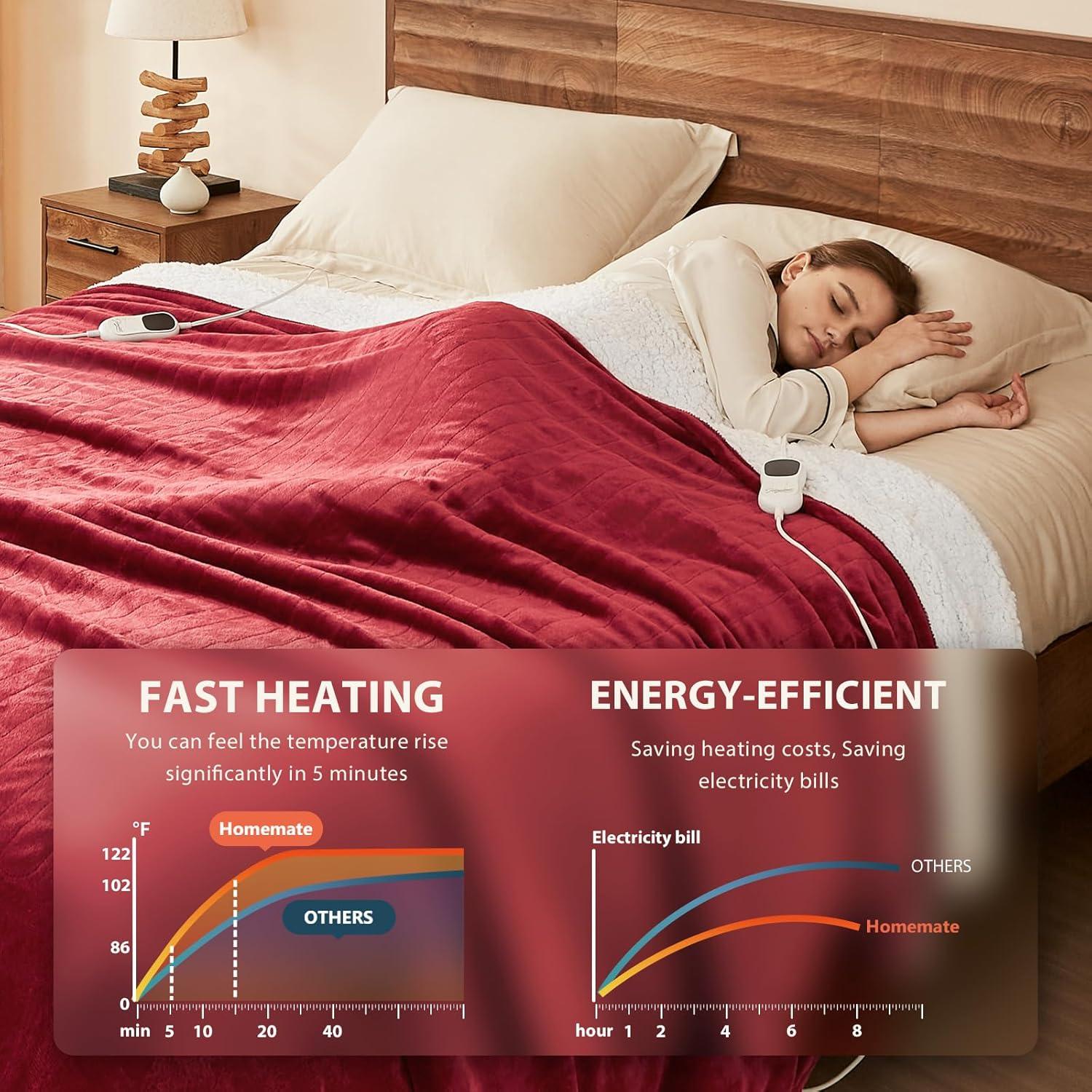 Homemate Heated Blanket Electric Throw - 50"x60" Heating Blanket Throw 1/2/4/6/8 Hours Auto-off 10 Heat Level Heat Blanket Over-heat Protection Flannel Sherpa Heater Blanket Electric ETL Certification