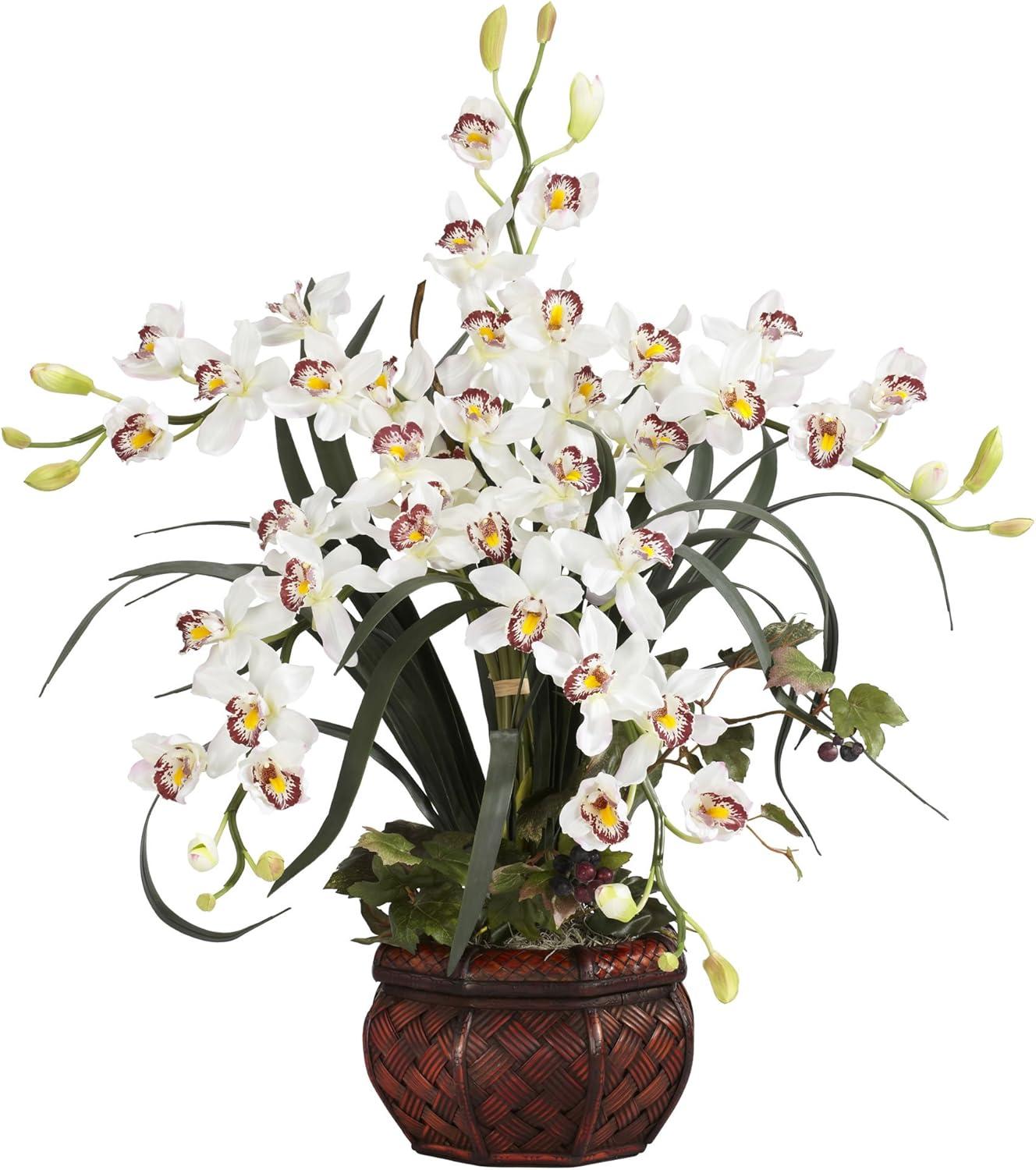 Nearly Natural White Cymbidium Silk Flower Arrangement with Decorative Vase