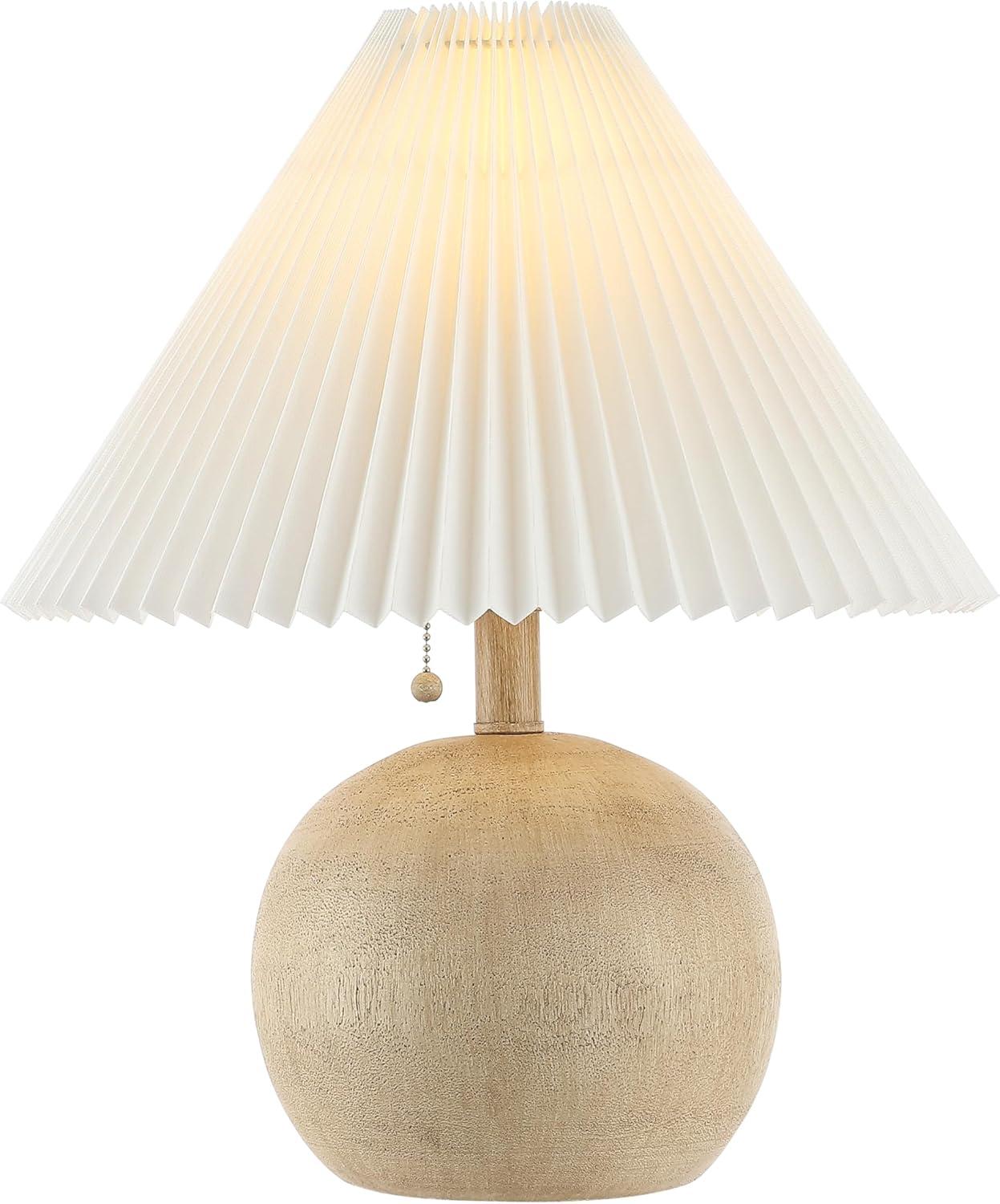 Beige Wood Finish Round Resin Bedside Table Lamp with Linen Shade