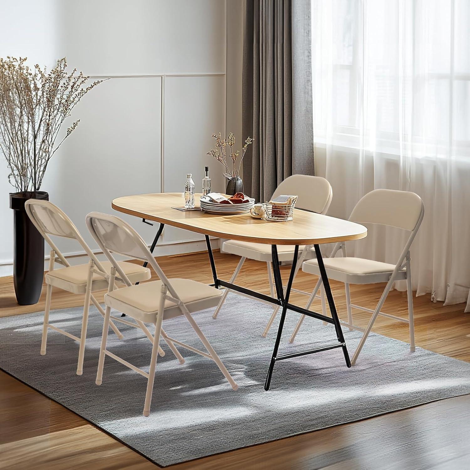 Khaki Armless Leather Metal Frame Folding Chairs, Set of 4