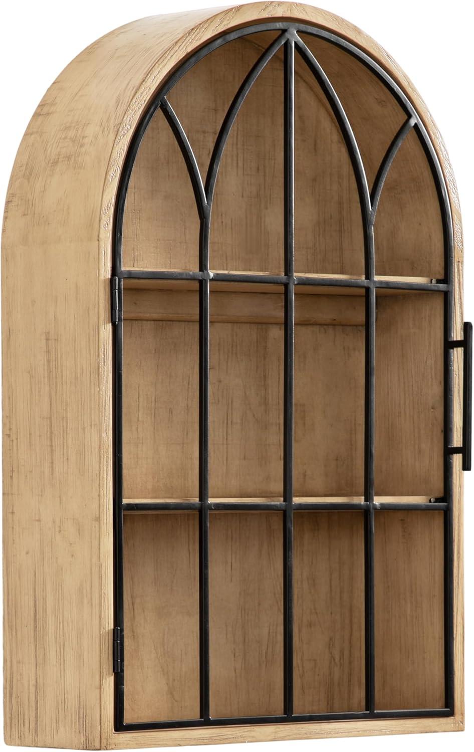 Natural Wood and Black Arched Wall Cabinet with Metal Door