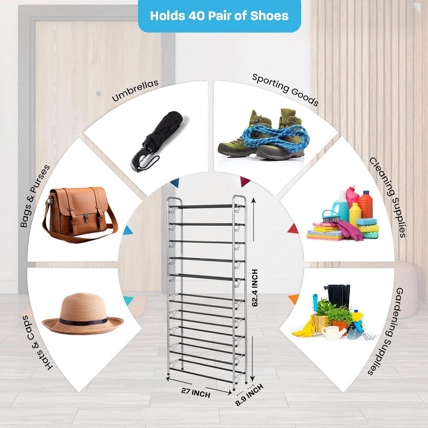 Tall Silver and Black Metal 10-Tier Shoe Rack