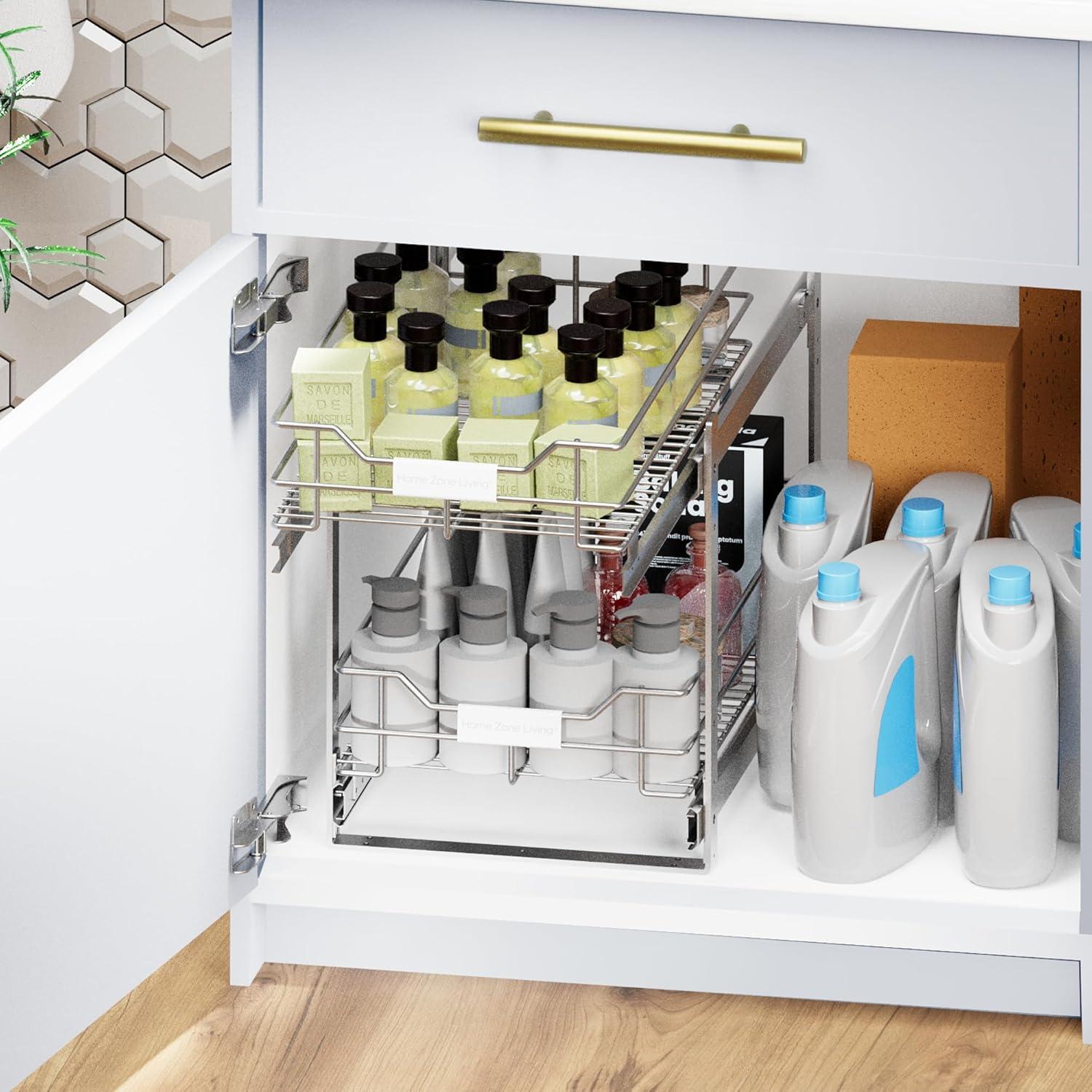 Home Zone Living 11” Width x 20” Depth 2 Shelves Pull Out Storage Organizer, Silver