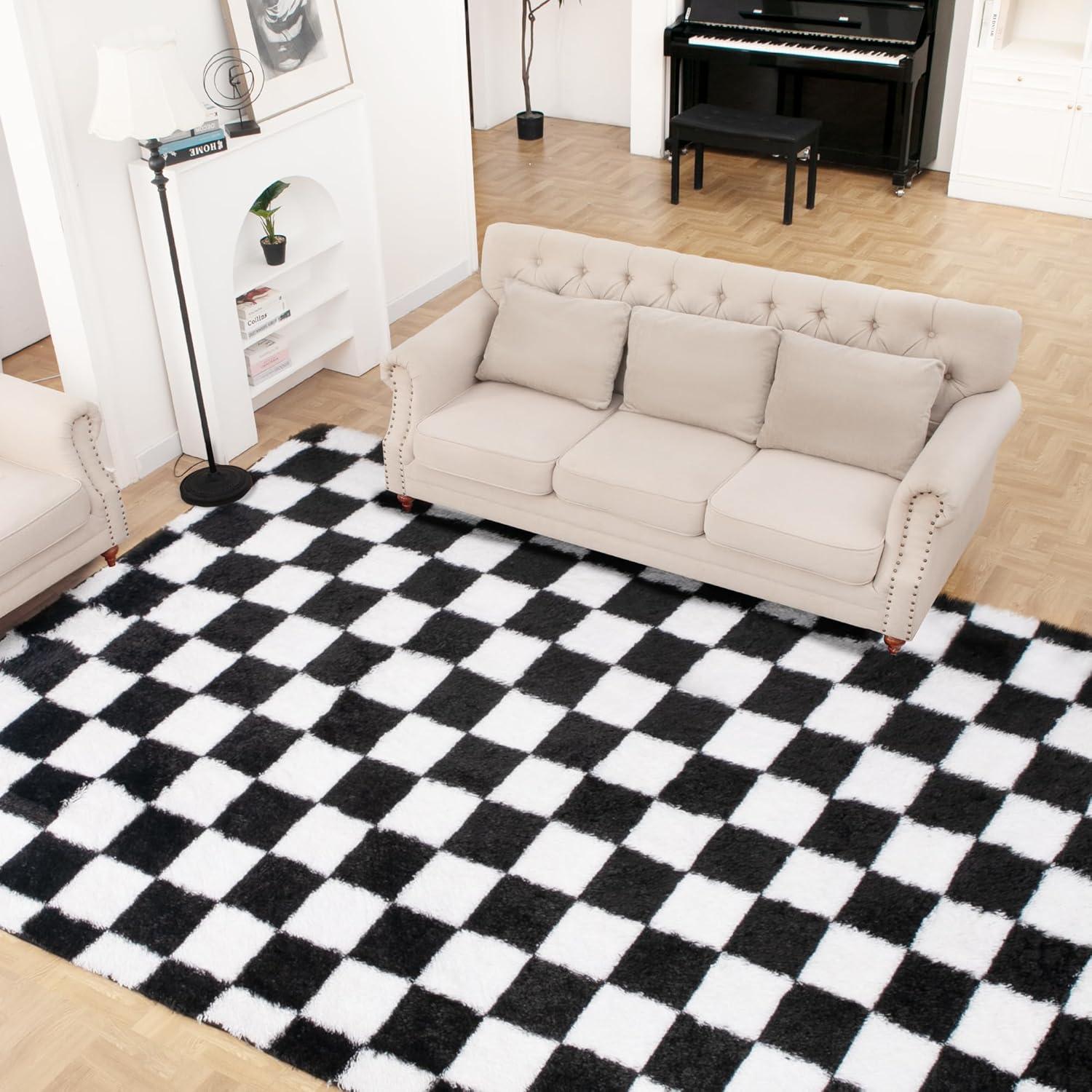 Luxe Weavers Checkered Black and White Geometric 8x10 Area Rug