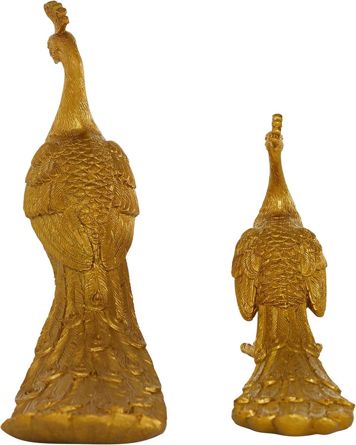 11", 8"H Gold Polystone Peacock Sculpture, by DecMode (2 Count)