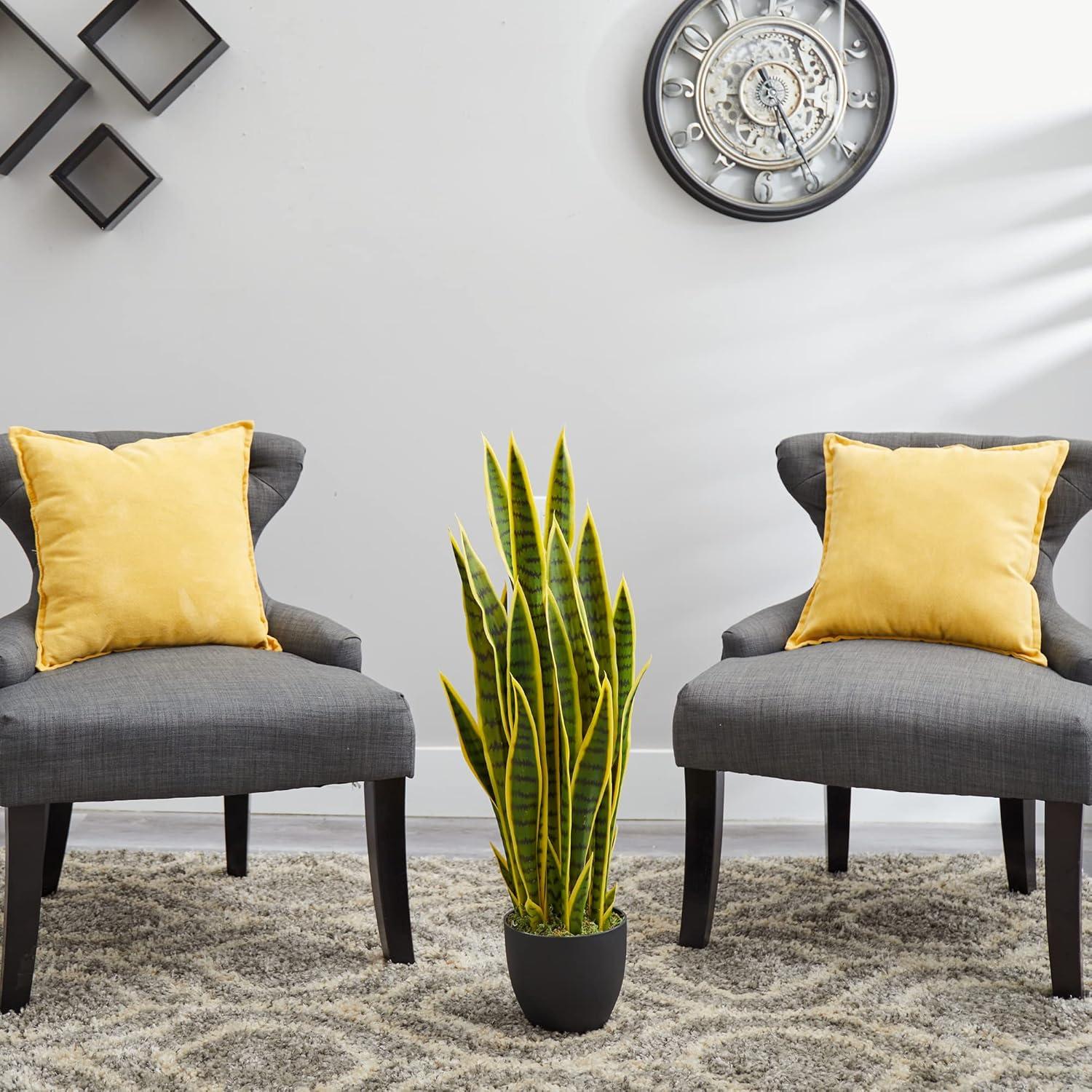 Tiny Green and Yellow Faux Sansevieria Plant in Black Pot