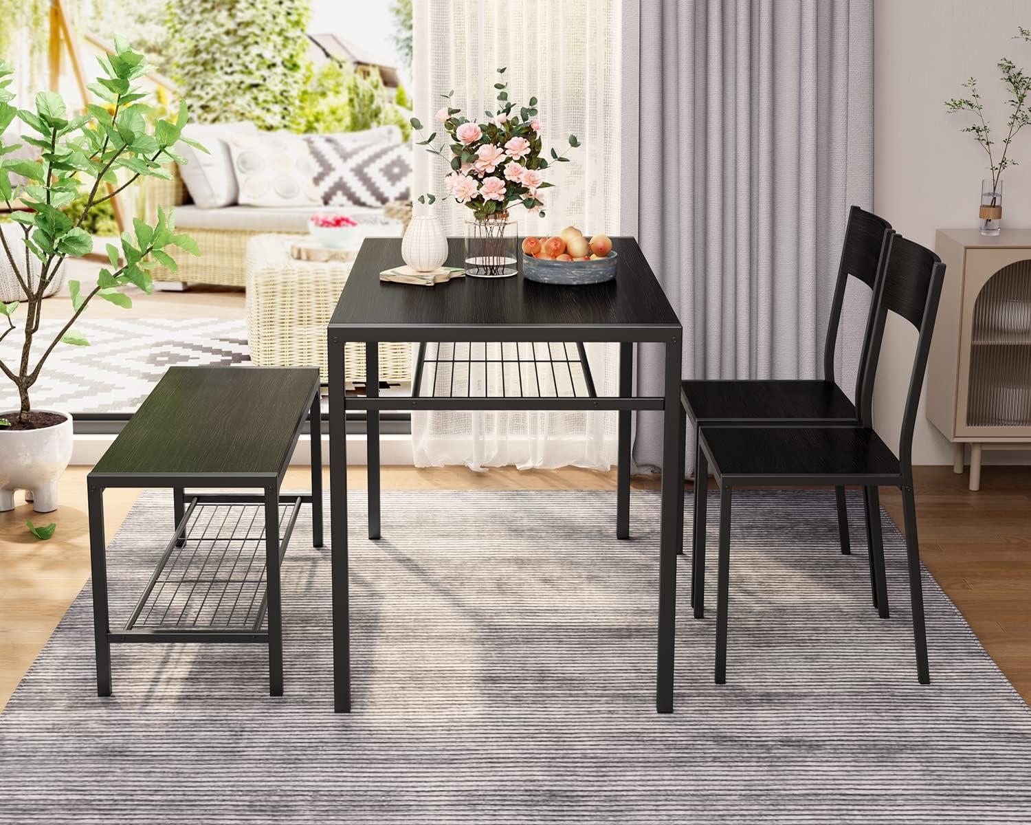 Black Metal and Wood 4-Piece Dining Set with Bench