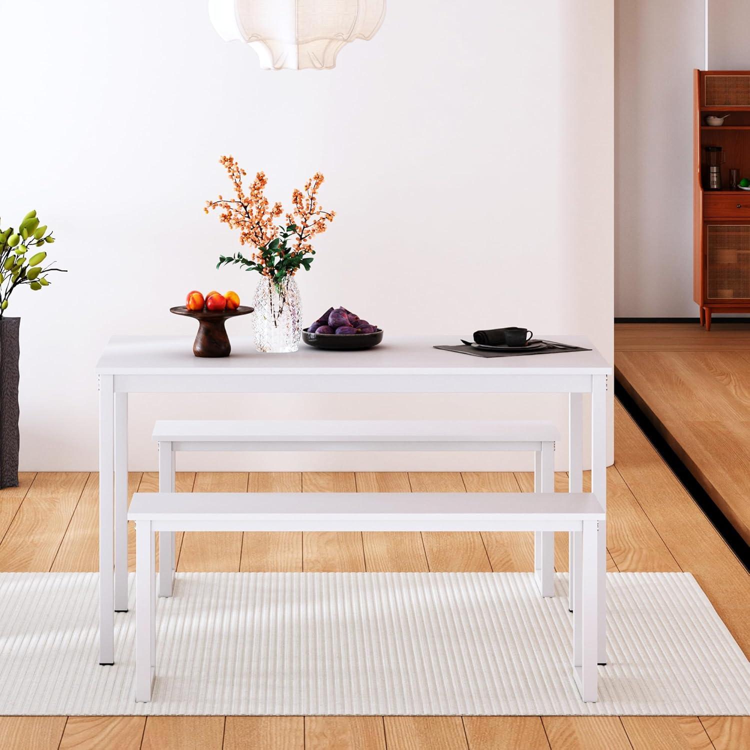 SogesPower Modern Dining Table Set with 2 Benches, 3 Piece Dining Table Set- White