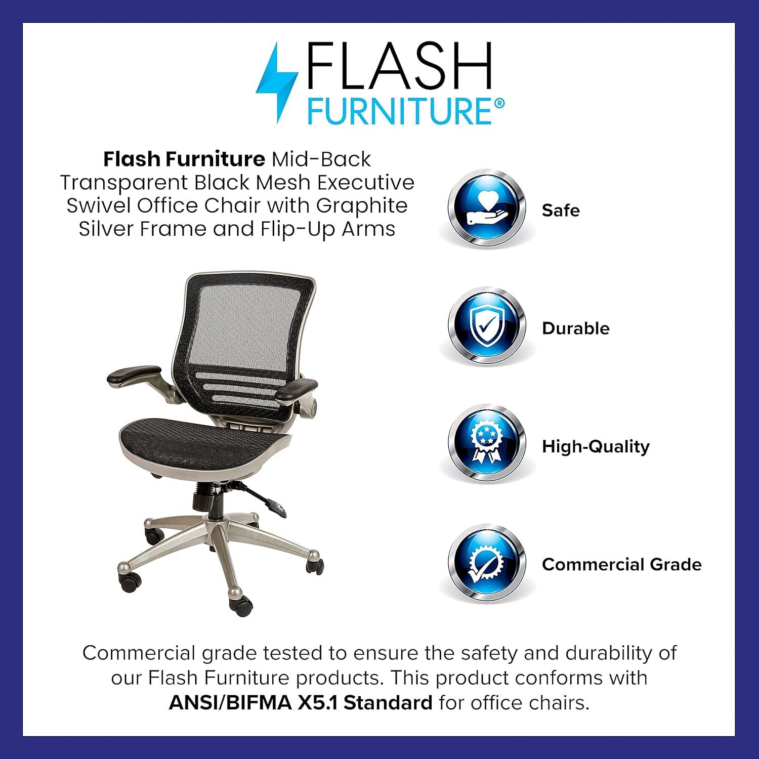 Flash Furniture Mid-Back Transparent Black Mesh Executive Swivel Office Chair with Graphite Silver Frame and Flip-Up Arms