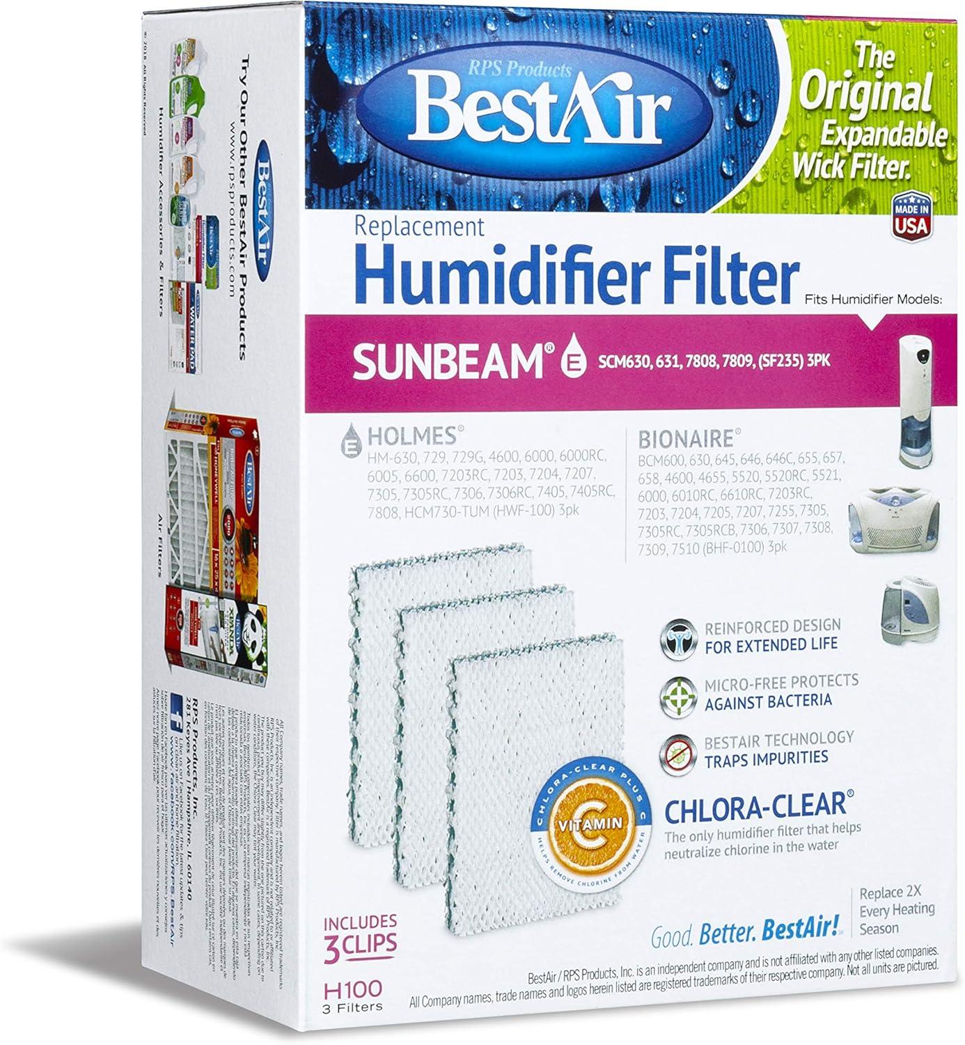BestAir H100 Humidifier Replacement Wick Filter for Holmes models 5.8" x 7.8" x 3.4" (3 Filters)