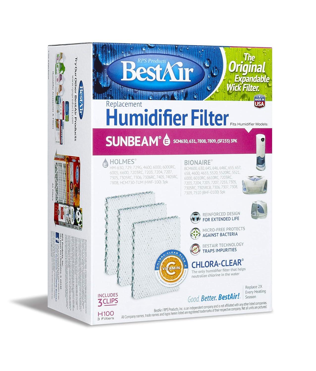 BestAir H100 Humidifier Replacement Wick Filter for Holmes models 5.8" x 7.8" x 3.4" (3 Filters)